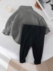 SHEIN 少女可爱字母印花立领蓬松上衣&松紧腰长裤套装 - 灰色 - 查看 2