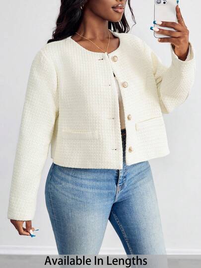 SHEIN PETITE CURVE 大码女士纯色纽扣前开襟大衣秋冬装