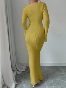 Elenzga 女士优雅纯色喇叭袖钩针 3D 花朵深 V 领超长针织毛衣裙，适合婚礼、情人节派对、度假、居家和户外、秋冬 - 鵝黃色 - 查看 2