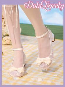 Dola Lovely 女式杏色圆头浅口鞋，低鞋面粗跟高跟鞋，网眼透气蝴蝶结玛丽珍鞋，时尚百搭夏季鞋履