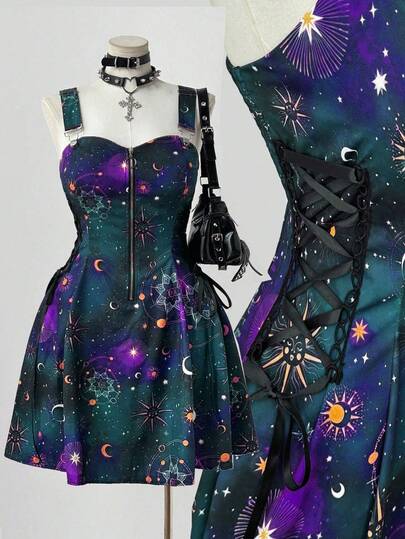 Sunspun New Fashionable Versatile Holiday Fantasy Starry Sky Print Patchwork Ruffle Tie-Up Waist Decor Zipper Front Midi Slip Dress For Women