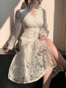 DAZY Women's Elegant V-Neck Puff Sleeve Lace Mid-Length Party Dress, Autumn Prom Dress - Apricot - View 1