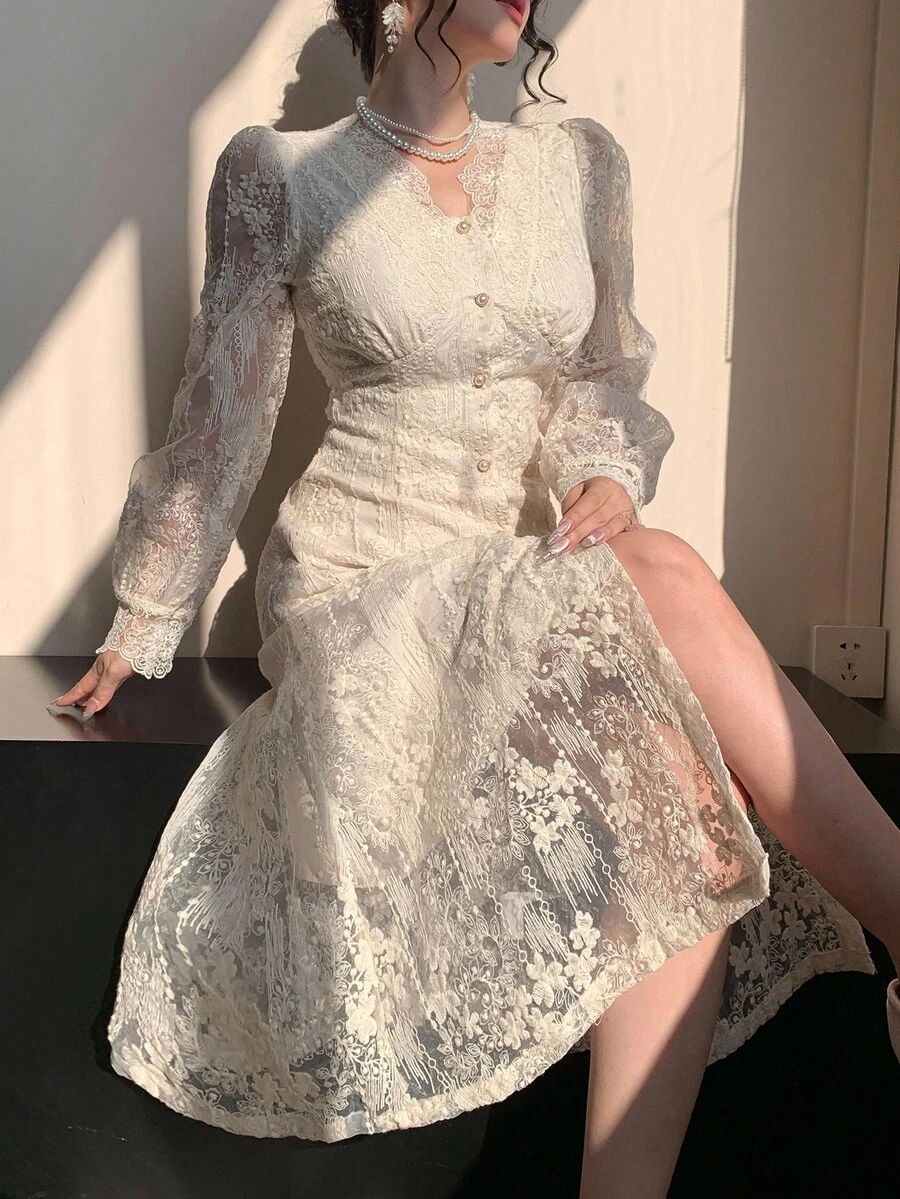 DAZY Women's Elegant V-Neck Puff Sleeve Lace Mid-Length Party Dress, Autumn Prom Dress - Apricot - View 1