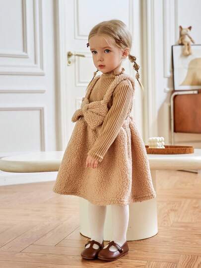 Souflis Souflis 2pcs Baby Girls Casual Ruffled Collar Top And Thick Strap Dress Set, Brown, Autumn/Winter Fall