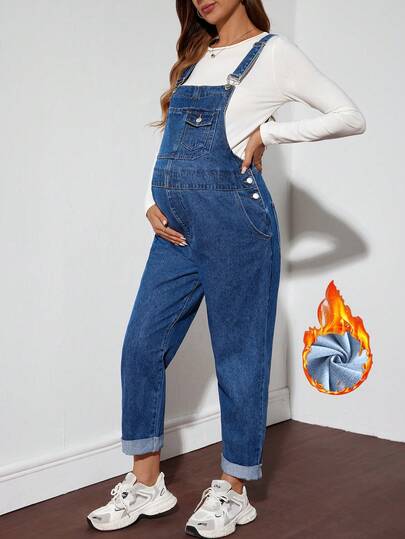 SHEIN Maternity Fall Autumn Winter Back To School Homecoming Halloween Christmas Solid Color Sleeveless Casual Blue Comfortable Versatile Denim Jumpsuit Thermal Lined Jeans Casual Women's Denim Jumpsuit In Classic Blue With Pocket Detail Relaxed Fit Blue Denim Overalls For Women With Adjustable Straps Timeless Blue Denim Overalls For Women Ideal For Casual Outfits And All Seasons
