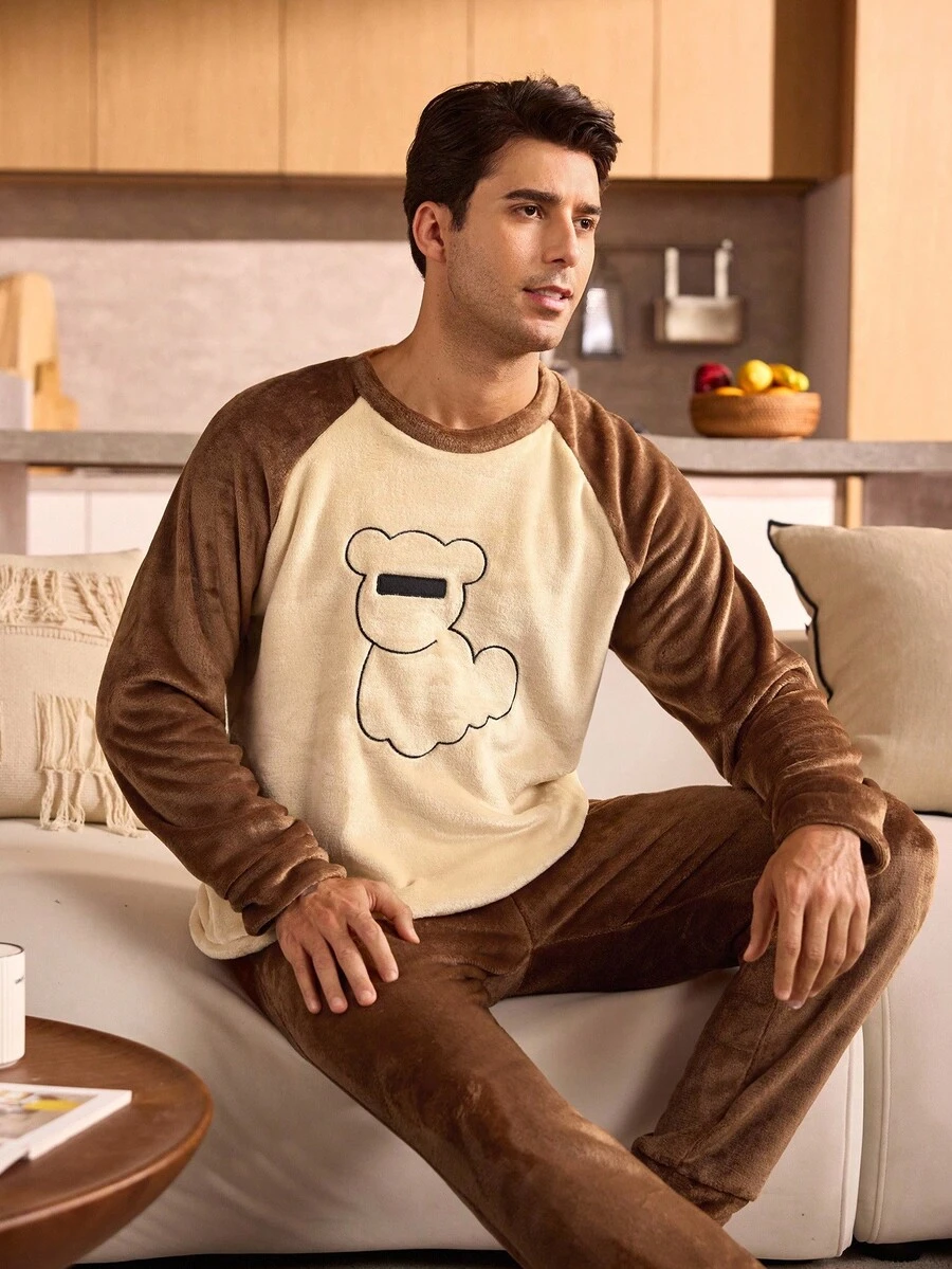 Manfinity Underwear&Sleepwear Basics Bộ đồ ngủ bằng vải nỉ cổ tròn dài tay và quần dài cho nam, trang phục thu đông, ấm áp - màu nâu - Xem 1