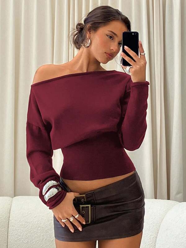 Aloruh Women's Autumn/Winter Asymmetrical Shoulder Ribbed Tight Fit Brown Sweater,Fall,Christmas Sweater