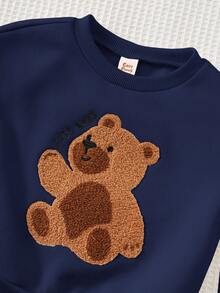 Cozy Pixies 2pcs Baby Boy Cartoon Bear Pattern Knit Soft Crew Neck Long Sleeve Pullover Sweatshirt And Elastic Waist Ankle Length Pants Set Fall Winter - Navy Blue - View 4