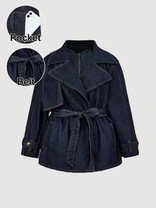Maija Plus Size Dark Blue Denim Jacket, Elegant Trench Coat With Bow Belt, French Elegant Autumn Jacket