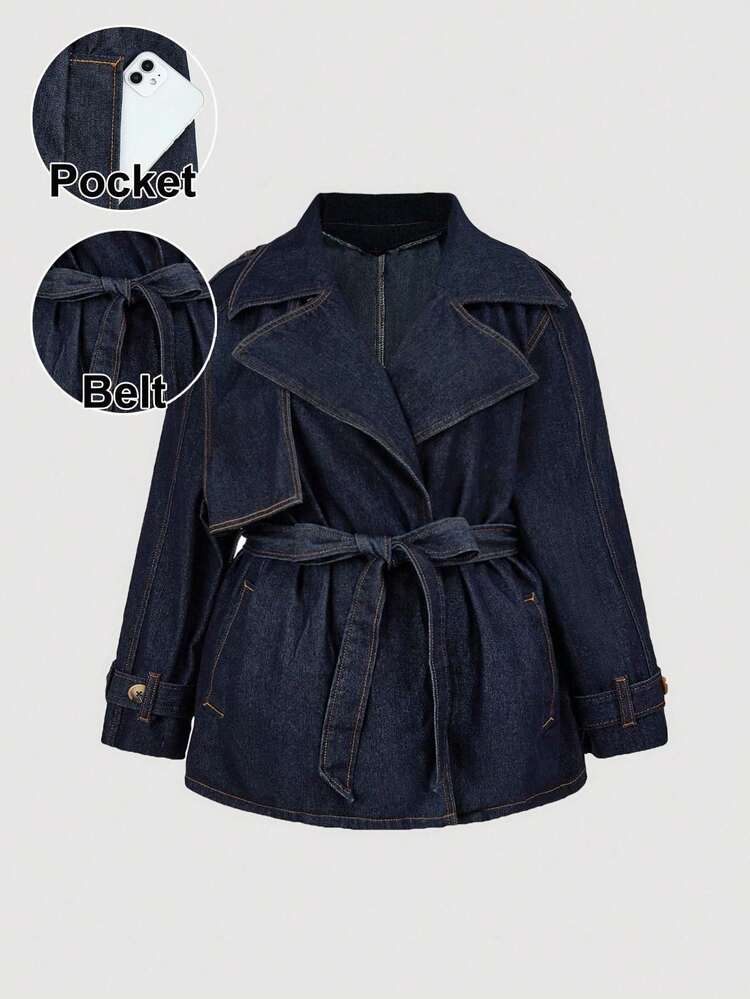 SHEIN Maija Plus Size Dark Blue Denim Jacket, Elegant Trench Coat With Bow Belt, French Elegant Autumn Jacket