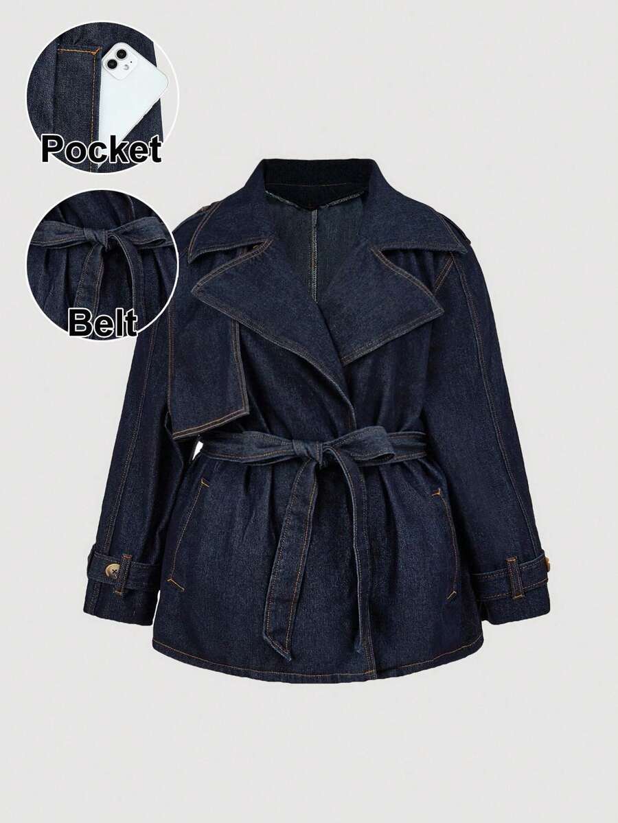 Maija Plus Size Dark Blue Denim Jacket, Elegant Trench Coat With Bow Belt, French Elegant Autumn Jacket