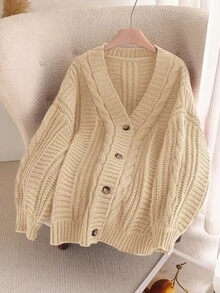 SHEIN Frenchy Plus Size Women's Solid Color Casual Versatile Long Sleeve Button Cardigans/Winter - Apricot - View 1