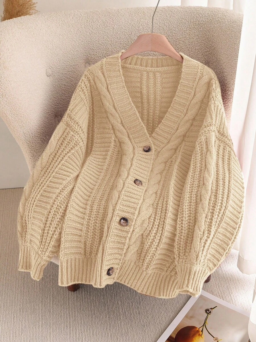 SHEIN Frenchy Plus Size Women's Solid Color Casual Versatile Long Sleeve Button Cardigans/Winter - Apricot - View 1