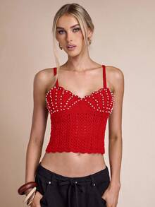 SHEIN BAE Canotta corta aderente in maglia con perle finte, adatta per l'autunno/inverno - Rosso - Visualizzare 5