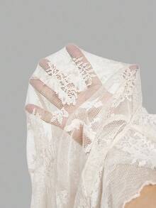 SHEIN MOD Women's Ruffled Flare Sleeve Lace Fitted Blouse,Fall /Winter,Women's Halloween Costume,Party , Elegant ,Luxury,Autumn Outfits For Women , Lace Blouse, Lace Tops, Lace Shirts - Apricot - View 7