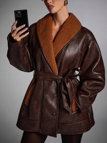 SHEIN BAE Women's Casual Shawl Collar Drop Shoulder Long Sleeve Faux Fur Jacket, Autumn/Winter,Women's Autumn/Winter New Faux Fur Lined, Leather Jacket, Brown Jacket Women - Coffee Brown - View 5