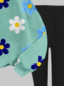 SHEIN Set 2 buc. pentru fete preadolescente, casual, clasic, cu imprimeu floral, guler rotund, confortabil, cu mânecă lungă, hanorac și colanți, potrivit pentru toamnă/iarnă