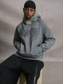 PAVTROS Áo nỉ có mũ trùm đầu thoải mái tay raglan họa tiết chữ cho nam, mùa thu/đông - Màu xám đen - Xem 6