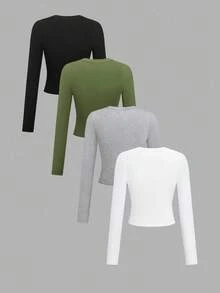 GlowEve 4pcs Women Casual Solid Color Round Neck Long Sleeve Cropped T-Shirt Set, Autumn/Winter