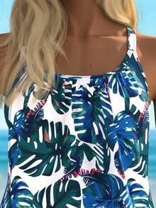 Swim Lushoire Conjunto de vacaciones a la playa con top de bikini de tirantes con estampado aleatorio y shorts de unicolor para mujer - Verde - Ver 4