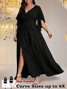 SHEIN CURVE+ 大码女式纯色修身V领喇叭袖系带腰部褶饰开衩优雅派对长裙 - 黑色 - 查看 5