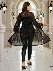 SHEIN Clasi Áo cánh lưới mỏng sequin gợi cảm và thanh lịch cỡ lớn cho tiệc tùng, hộp đêm - màu đen - Xem 2
