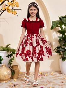 SHEIN Tween Girl Floral Print Cold Shoulder Ruffle Trim Belted Dress - Multicolor - View 1