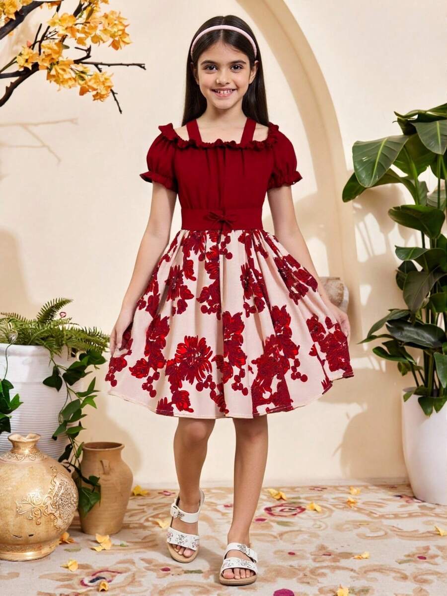 SHEIN Tween Girl Floral Print Cold Shoulder Ruffle Trim Belted Dress - Multicolor - View 1
