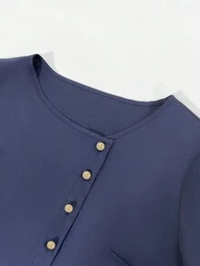 Franclia 女士不对称领长袖优雅性感衬衫，亮蓝色女士衬衫 - 奢华闪亮面料，圆领基础款上衣，易于搭配牛仔裤/裙子，适合秋季、乡村、商务休闲、外出等各种场合。 - 藍色 - 查看 3