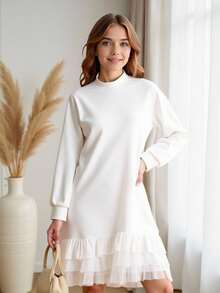 Vestido casual solto com decote alto e manga comprida, cor sólida, patchwork, babados e bainha