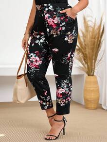 Miaspire 加大码女式花卉印花松紧腰侧袋九分裤，度假风格，简约时尚风格，适合夏季，休闲度假风格，休闲度假装，夏季时尚，女士夏季装，母亲节装，乡村音乐会装，女士波西米亚风装，女士西部装，女士假日装，女士夏季服装女士加大服装商务休闲女士夏季服装女士加大服装正式