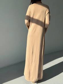 2 件套燕麦色极简时尚针织毛衣、细肩带修身针织连衣裙和长袖罩衫，秋冬 - 卡其色 - 查看 3