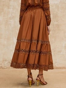 SHEIN Privé VITNOS Women's Elegant Autumn Skirt,All Shades Of Brown Bohemian Drawstring Waist Contrast Lace Ruffle Hem,Vintage Victorian Style For Tea Party - Brown - View 2