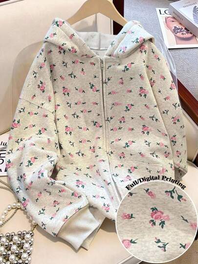 Resyla Women's Casual Ditsy Floral Drawstring Hoodie