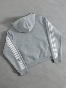 Manfinity EMRG 男士字母条纹长袖拉链休闲连帽衫，灰色，街头风，秋冬款 - 灰色 - 查看 2