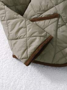 SHEIN 1 件女童菱形灯芯绒拼布领复古棉服外套，适合秋冬季 - 軍綠色 - 查看 7