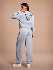 SHEIN Sports Women's Casual Hoodie & Sweatpants Set With Pockets - Grey - View 4