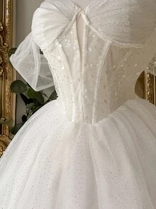 Lovelzi 华丽、优雅、高贵、端庄、青春、白色、亮片面料、网眼缝线、褶皱露肩连衣裙、罩杯款式、半透明、收腰 A 字裙、适合单身派对、婚礼宾客、毕业典礼、度假、舞会、新娘送礼会（搭配裙撑）、小白裙、新娘 - 白色 - 查看 7