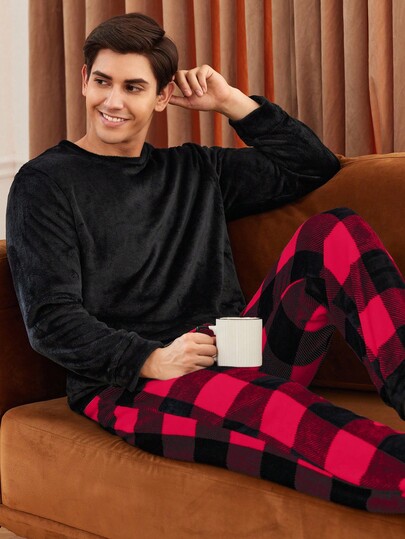 Conjunto de pijama de manga larga con cuello redondo de unicolor y pantalón largo a cuadros esponjoso para hombre, ropa de otoño e invierno