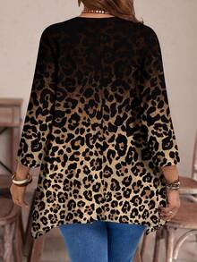 EMERY ROSE Plus Size Women Casual Asymmetrical Hem Round Neck Loose 3/4 Sleeve T-Shirt, Autumn/Winter Leopard Print Fall - Brown - View 6