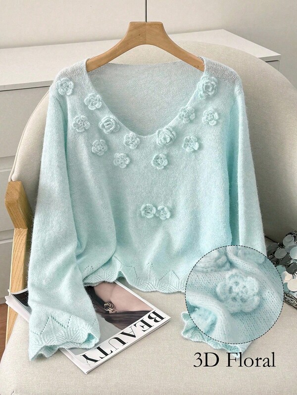 SHEIN LUNE 女士休闲 3D 花卉 V 领透明蓝色毛衣