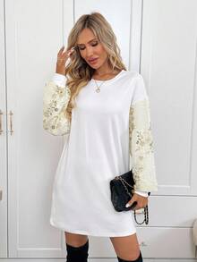 SHEIN LUNE Women's Casual Sequin Embroidered Party Mini Dress, Basic Autumn/Winter Daily Outfit Lantern Sleeve Dress White Casual Dress White Dress Puff Sleeve Dress Sequin Dress New Fall Fashion Women Fall Clothes For Women Elegant Dresses For Women Long Sleeve Dress Fall Dresses For Women Fall Outfits Winter Dress Women Winter Outfit For Women Winter Clothes For Women Going Out Outfits Short Party Dress - White - View 7