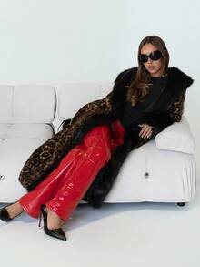 SHEIN ICON Áo khoác lông xù ve áo dài vừa phải màu nâu, cổ lông màu đen, cổ tròn ... - màu nâu - Xem 5