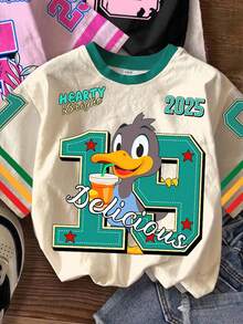 3 件套青少年女孩休闲可爱蝴蝶结、英文数字 23 印花、图形数字 25 图案、数字 19 和卡通动物设计、甜美酷炫运动风格短袖圆领 T 恤，适合夏季 - 彩色 - 查看 4