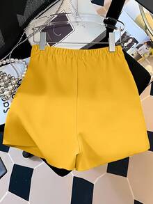 Airaco Quần short ống rộng cạp cao có khóa kéo thanh lịch, quần short xếp ly thời trang thường ngày dành cho nữ - Màu vàng - Xem 2