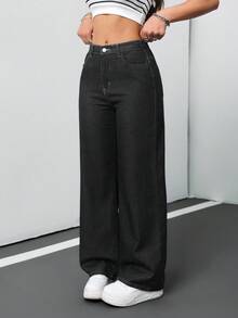 SHEIN Tall CURVE 女士加大码深蓝色宽松牛仔阔腿裤，夏季/7月4日美国独立日主题，适合上班、机场、度假、夜店等场合，高腰牛仔裤，复古/冬季风格 - 黑色 - 查看 8