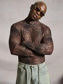 PAVTROS Manfinity Streetrush Men's Digital Mesh Leopard Print Sequin Decor Turtleneck Long Sleeve T-Shirt, Casual & Streetwear,Halloween,INS Leopard Print Sheer Top For Men, Halloween Street Style, Fall And Winter Urban Fashion,Rapper T-Shirt,Boy Friend Gifts. See Through Leopard Print Top, Christmas