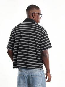 SUMWON 短款休闲经典短袖条纹 Polo 衫常规版型商务休闲办公室装度假度假领夏季春季上衣 - 黑與白 - 查看 2