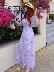 Gretanique 女士雪纺蝴蝶印花蝙蝠袖抽绳甜美法式迷你连衣裙，夏季 - 淡紫色 - 查看 4