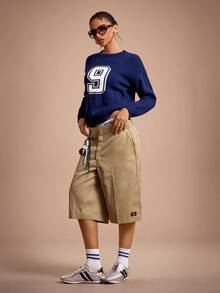 SHEIN Sports Áo len dài tay cổ tròn dáng rộng màu tương phản dành cho nữ - Màu xanh lam - Xem 3